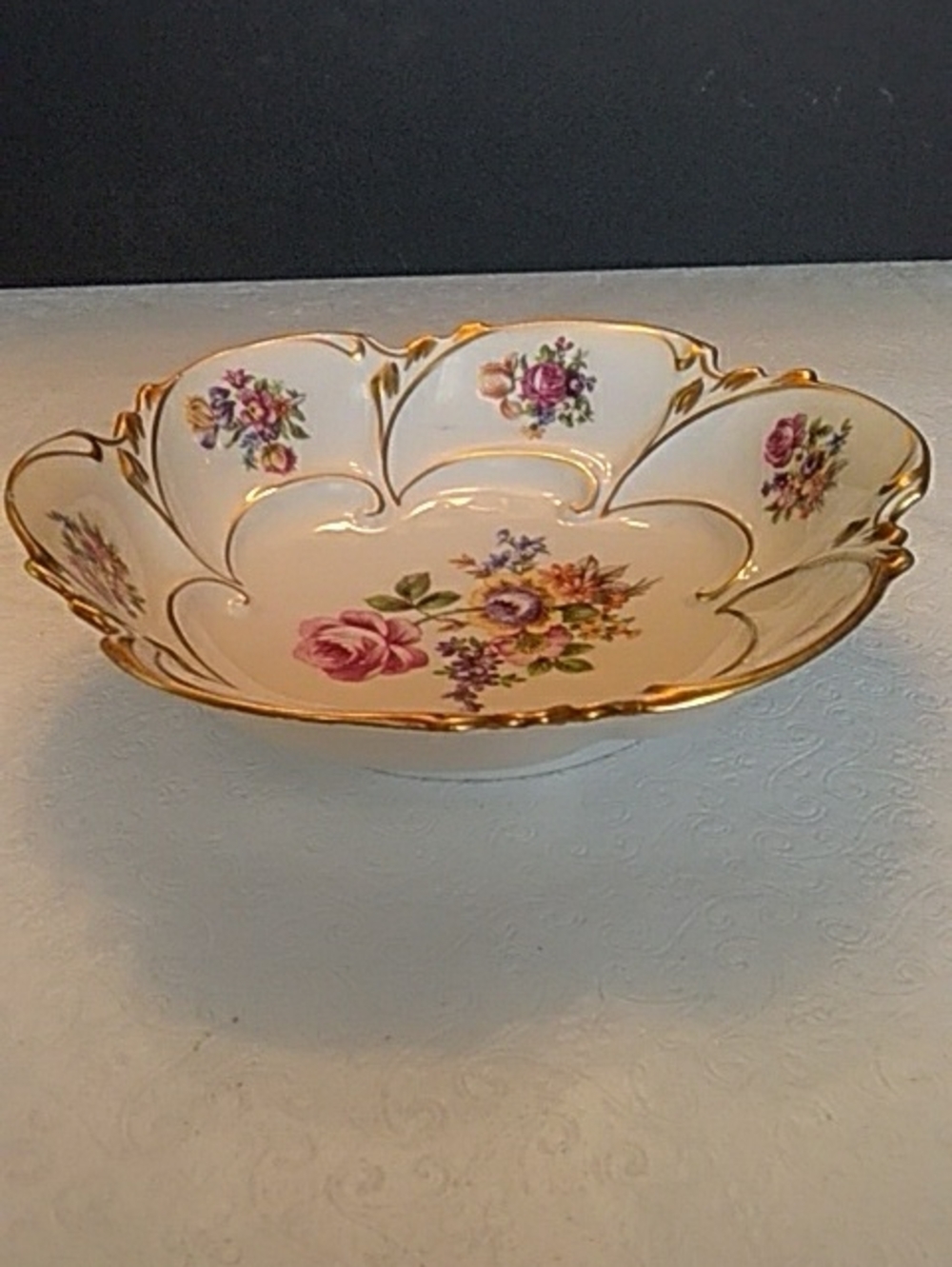 JL Menau Floral Gold-Trim Porcelain Serving Bowl Vintage